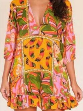 LABEL OF LOVE women's mini dress tropical print Boho resort Farm Rio Style LARGE